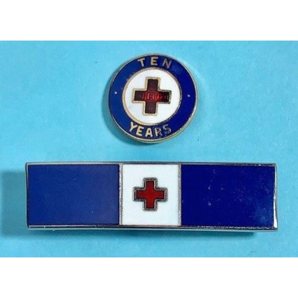 2 Blue ARC Pins -American Red Cross Long Bar Type Pin & Ten Year Pin